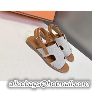 Discount Hermes Maya Ankle Strap Sandals Light Gray Canvas 6052802