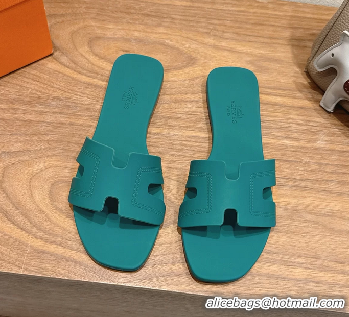 Expensive Hermes Oran Flat Slide Sandals Green 6052803