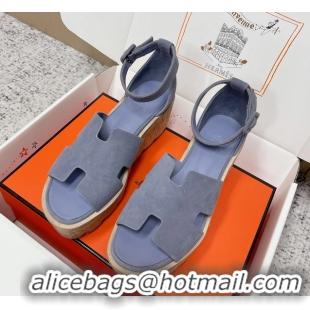 Youthful Hermes Luce Platform Sanadls Light Blue Suede Leather 6052804