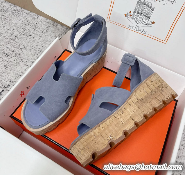 Youthful Hermes Luce Platform Sanadls Light Blue Suede Leather 6052804