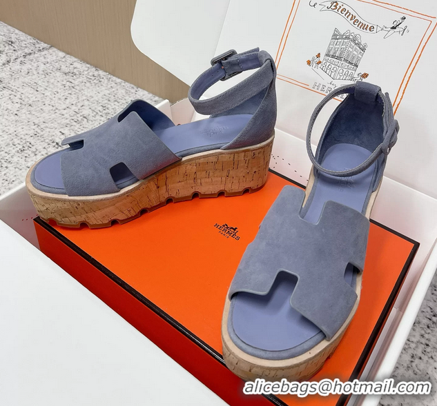 Youthful Hermes Luce Platform Sanadls Light Blue Suede Leather 6052804