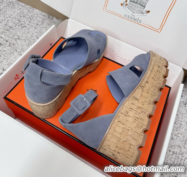 Youthful Hermes Luce Platform Sanadls Light Blue Suede Leather 6052804