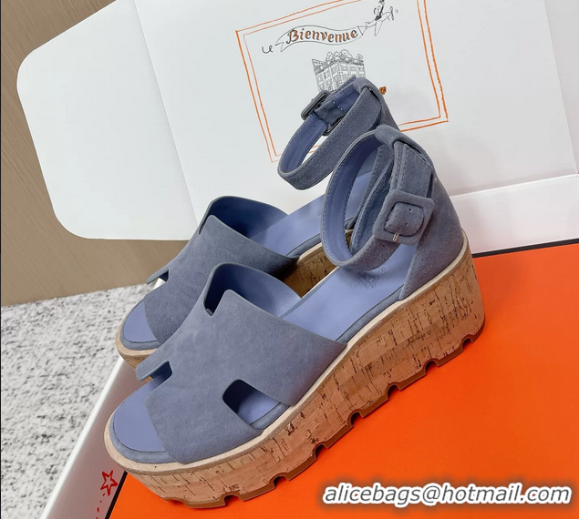Youthful Hermes Luce Platform Sanadls Light Blue Suede Leather 6052804