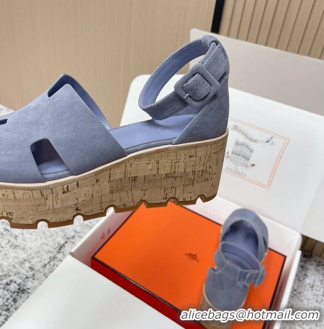 Youthful Hermes Luce Platform Sanadls Light Blue Suede Leather 6052804