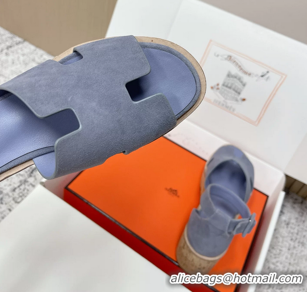 Youthful Hermes Luce Platform Sanadls Light Blue Suede Leather 6052804