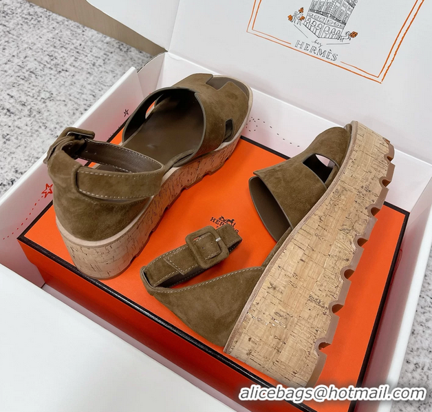 Cheap Hermes Luce Platform Sanadls Khaki Green Suede Leather 6052804
