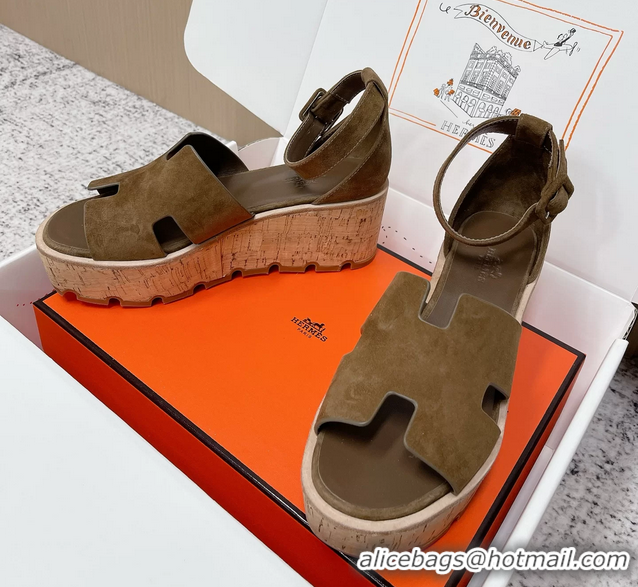Cheap Hermes Luce Platform Sanadls Khaki Green Suede Leather 6052804