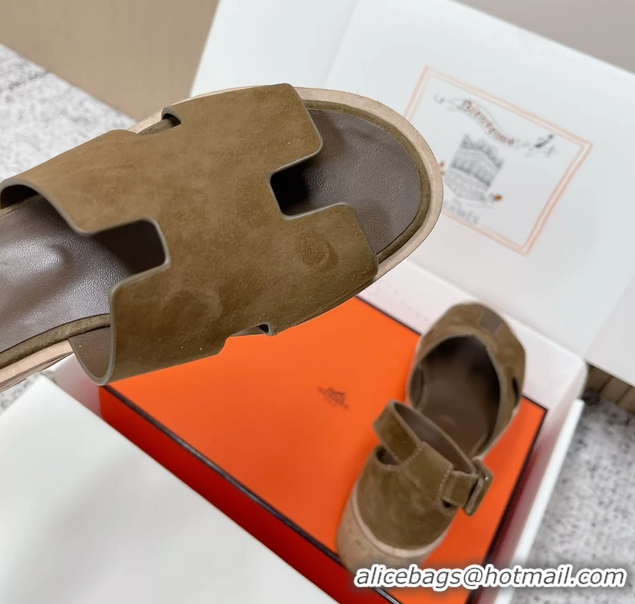 Cheap Hermes Luce Platform Sanadls Khaki Green Suede Leather 6052804
