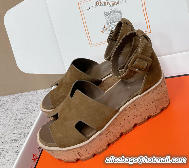 Cheap Hermes Luce Platform Sanadls Khaki Green Suede Leather 6052804