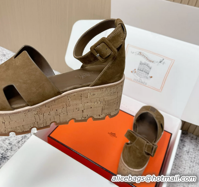 Cheap Hermes Luce Platform Sanadls Khaki Green Suede Leather 6052804