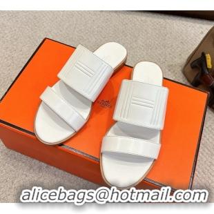 Good Quality Hermes Mona White Calfskin Leather Flat Slides Sandals 6052805