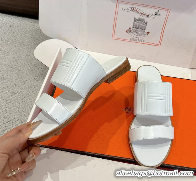 Good Quality Hermes Mona White Calfskin Leather Flat Slides Sandals 6052805