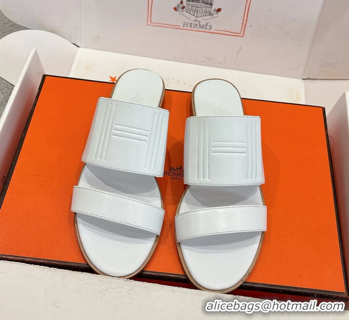 Good Quality Hermes Mona White Calfskin Leather Flat Slides Sandals 6052805