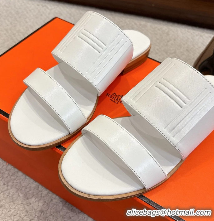 Good Quality Hermes Mona White Calfskin Leather Flat Slides Sandals 6052805