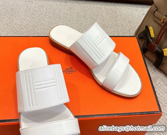 Good Quality Hermes Mona White Calfskin Leather Flat Slides Sandals 6052805
