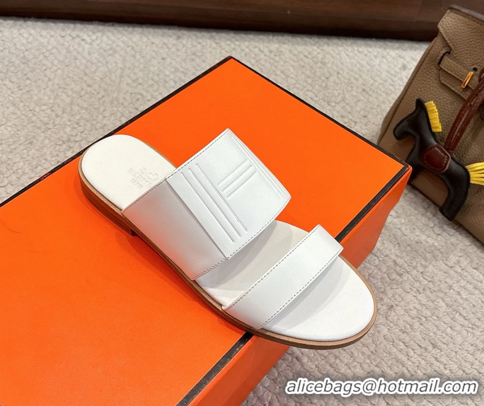Good Quality Hermes Mona White Calfskin Leather Flat Slides Sandals 6052805