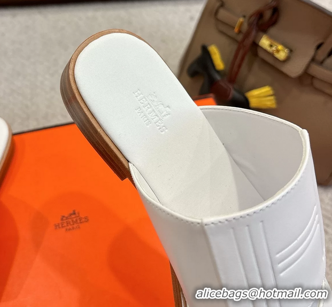 Good Quality Hermes Mona White Calfskin Leather Flat Slides Sandals 6052805
