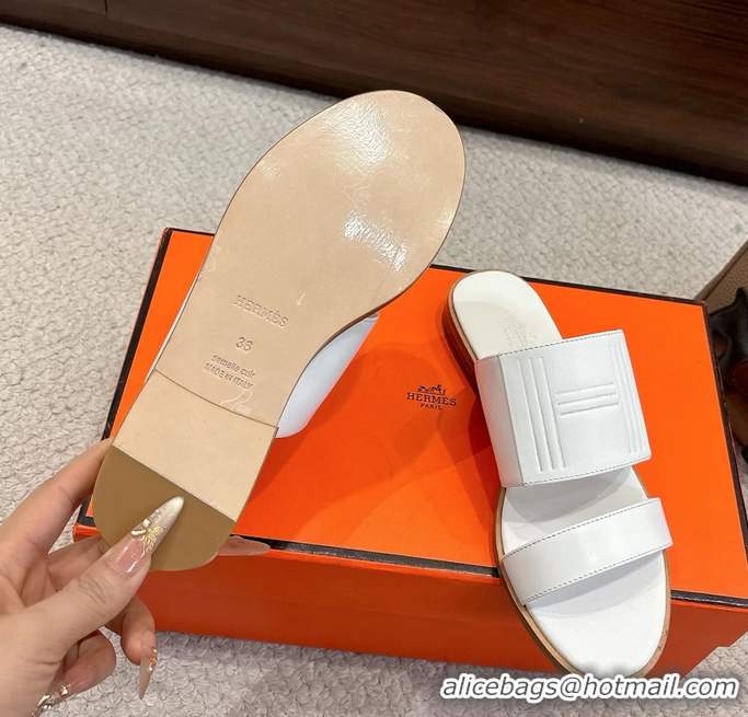 Good Quality Hermes Mona White Calfskin Leather Flat Slides Sandals 6052805