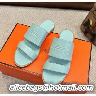 Comfortable Hermes Mona Light Blue Calfskin Leather Flat Slides Sandals 6053001