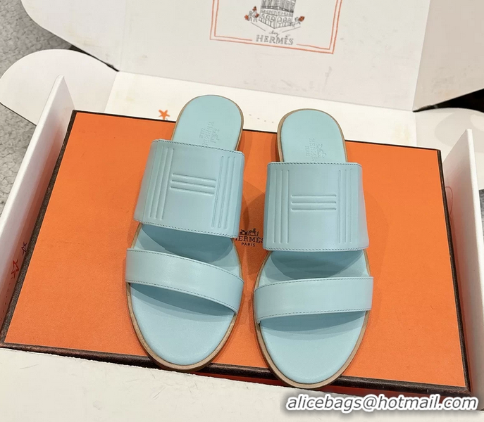 Comfortable Hermes Mona Light Blue Calfskin Leather Flat Slides Sandals 6053001