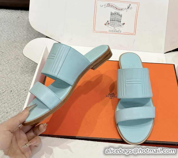 Comfortable Hermes Mona Light Blue Calfskin Leather Flat Slides Sandals 6053001