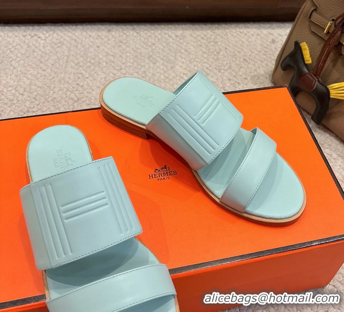 Comfortable Hermes Mona Light Blue Calfskin Leather Flat Slides Sandals 6053001
