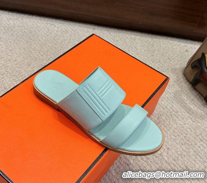 Comfortable Hermes Mona Light Blue Calfskin Leather Flat Slides Sandals 6053001