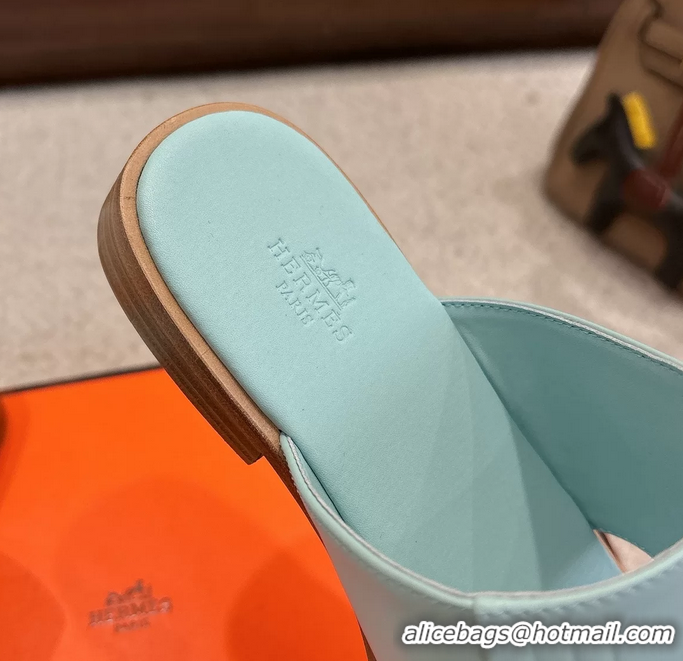 Comfortable Hermes Mona Light Blue Calfskin Leather Flat Slides Sandals 6053001