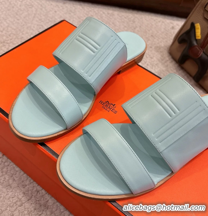 Comfortable Hermes Mona Light Blue Calfskin Leather Flat Slides Sandals 6053001