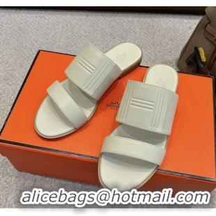 Feminine Hermes Mona Cream Calfskin Leather Flat Slides Sandals 6053001