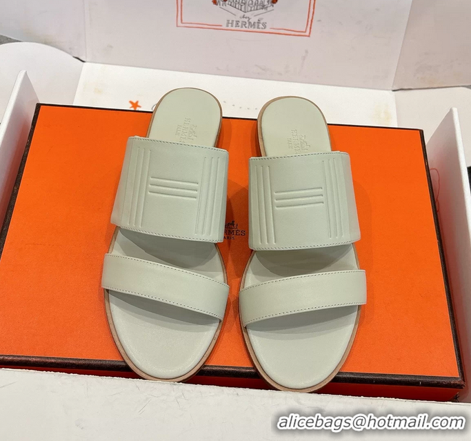 Feminine Hermes Mona Cream Calfskin Leather Flat Slides Sandals 6053001