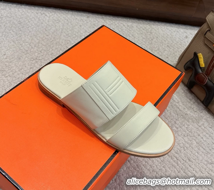 Feminine Hermes Mona Cream Calfskin Leather Flat Slides Sandals 6053001