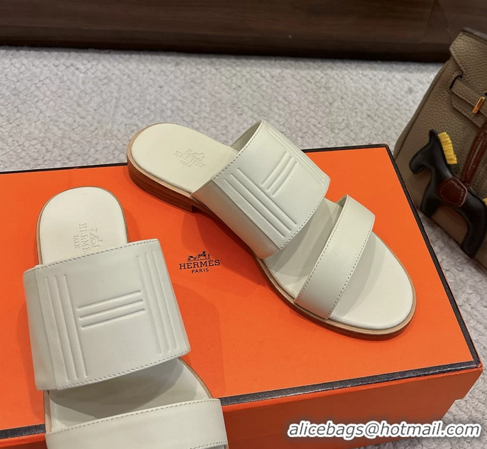 Feminine Hermes Mona Cream Calfskin Leather Flat Slides Sandals 6053001