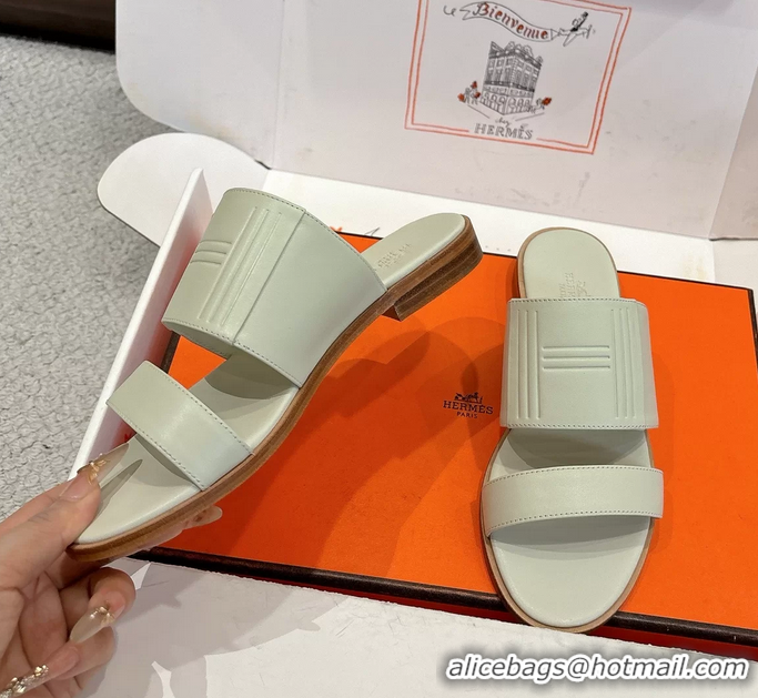 Feminine Hermes Mona Cream Calfskin Leather Flat Slides Sandals 6053001