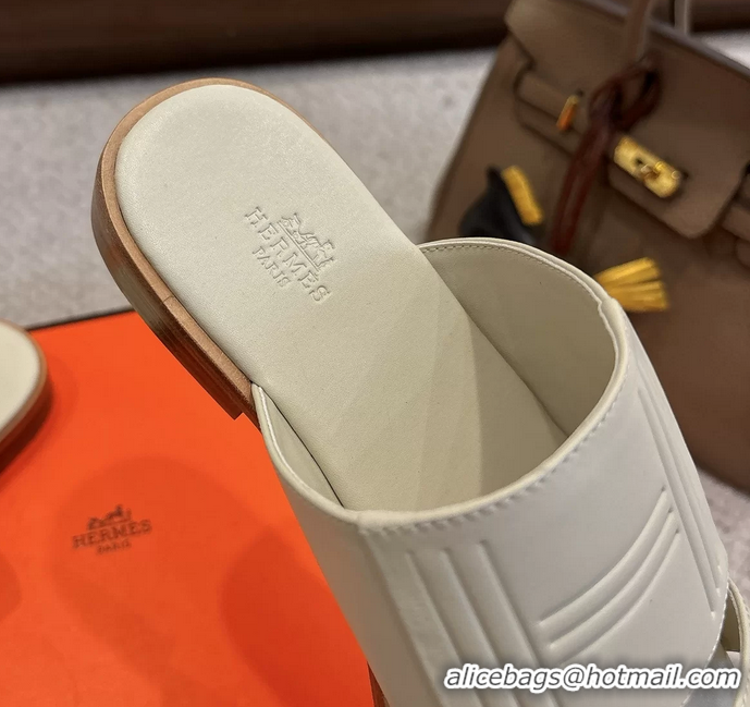 Feminine Hermes Mona Cream Calfskin Leather Flat Slides Sandals 6053001