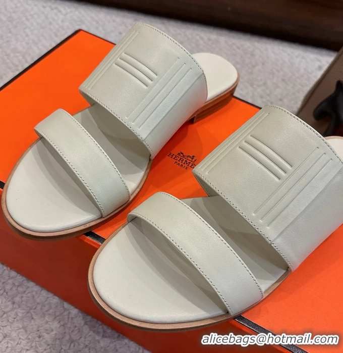 Feminine Hermes Mona Cream Calfskin Leather Flat Slides Sandals 6053001