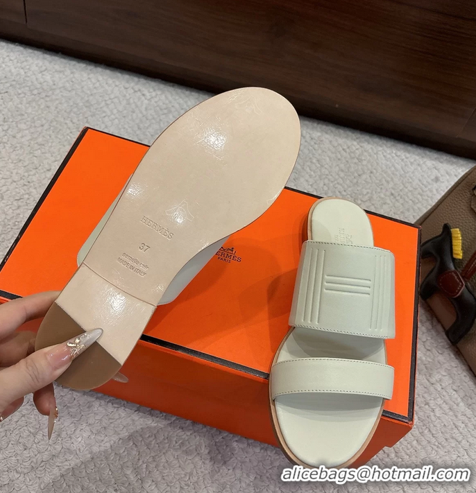 Feminine Hermes Mona Cream Calfskin Leather Flat Slides Sandals 6053001