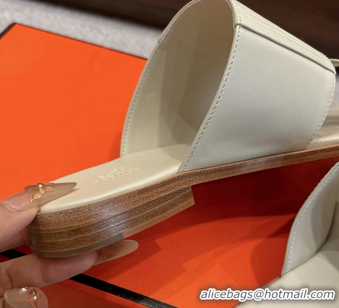 Feminine Hermes Mona Cream Calfskin Leather Flat Slides Sandals 6053001