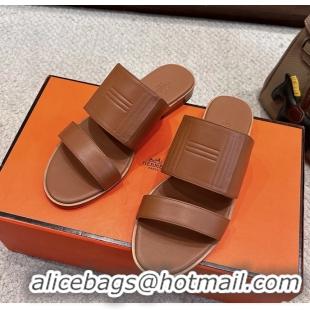 Leisure Hermes Mona Brown Calfskin Leather Flat Slides Sandals 6053001