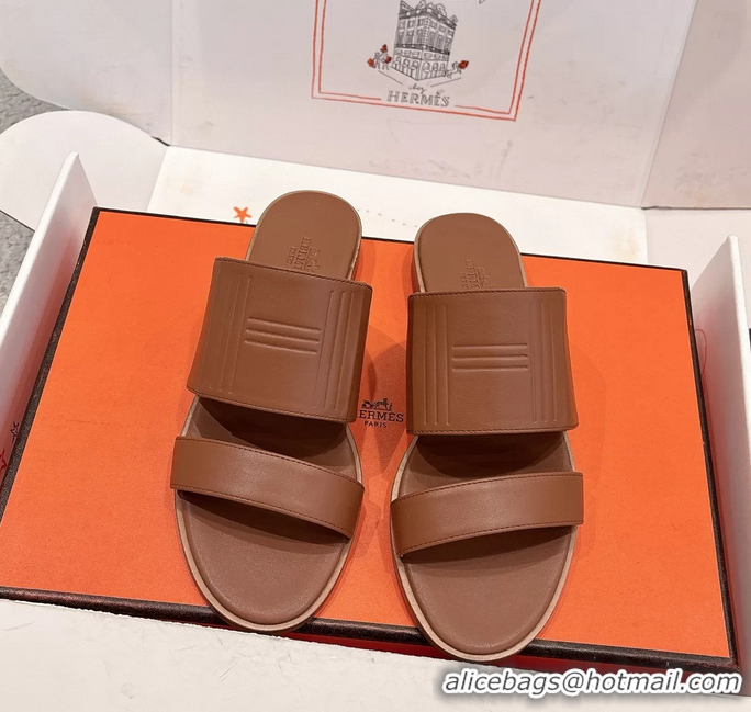 Leisure Hermes Mona Brown Calfskin Leather Flat Slides Sandals 6053001