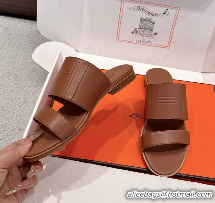 Leisure Hermes Mona Brown Calfskin Leather Flat Slides Sandals 6053001