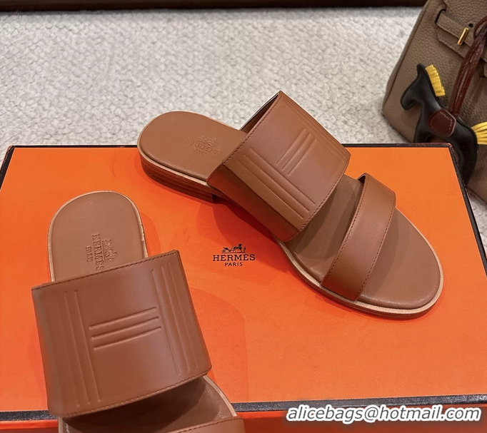 Leisure Hermes Mona Brown Calfskin Leather Flat Slides Sandals 6053001