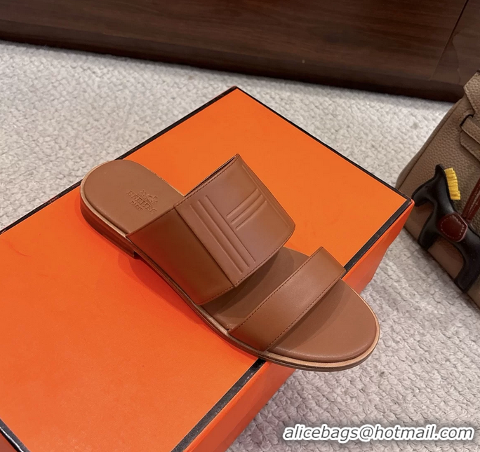 Leisure Hermes Mona Brown Calfskin Leather Flat Slides Sandals 6053001