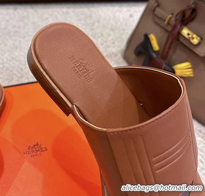 Leisure Hermes Mona Brown Calfskin Leather Flat Slides Sandals 6053001
