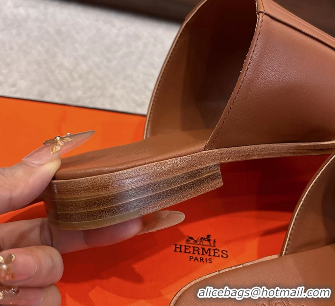 Leisure Hermes Mona Brown Calfskin Leather Flat Slides Sandals 6053001