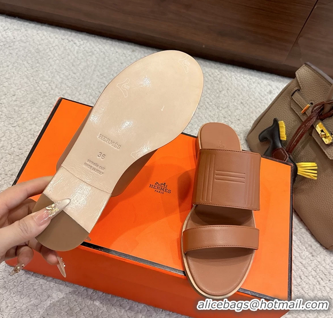 Leisure Hermes Mona Brown Calfskin Leather Flat Slides Sandals 6053001
