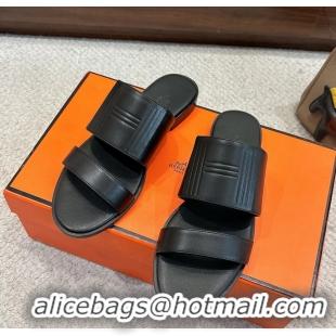Trendy Design Hermes Mona Black Calfskin Leather Flat Slides Sandals 6053001