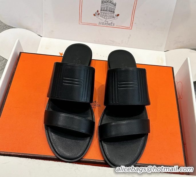 Trendy Design Hermes Mona Black Calfskin Leather Flat Slides Sandals 6053001