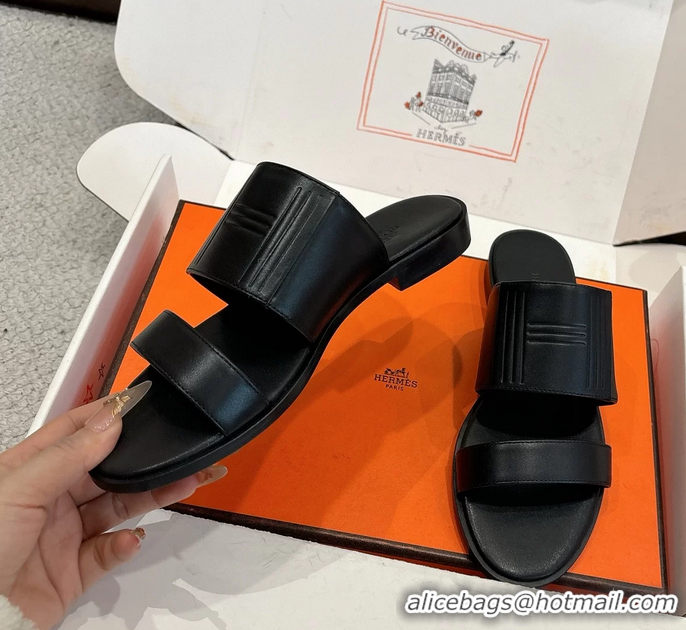 Trendy Design Hermes Mona Black Calfskin Leather Flat Slides Sandals 6053001