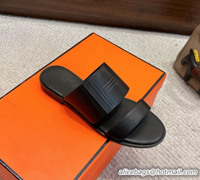 Trendy Design Hermes Mona Black Calfskin Leather Flat Slides Sandals 6053001